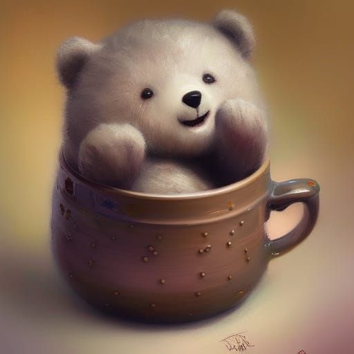 Charming Bear Cub in Teacup: Digital Art Illustration