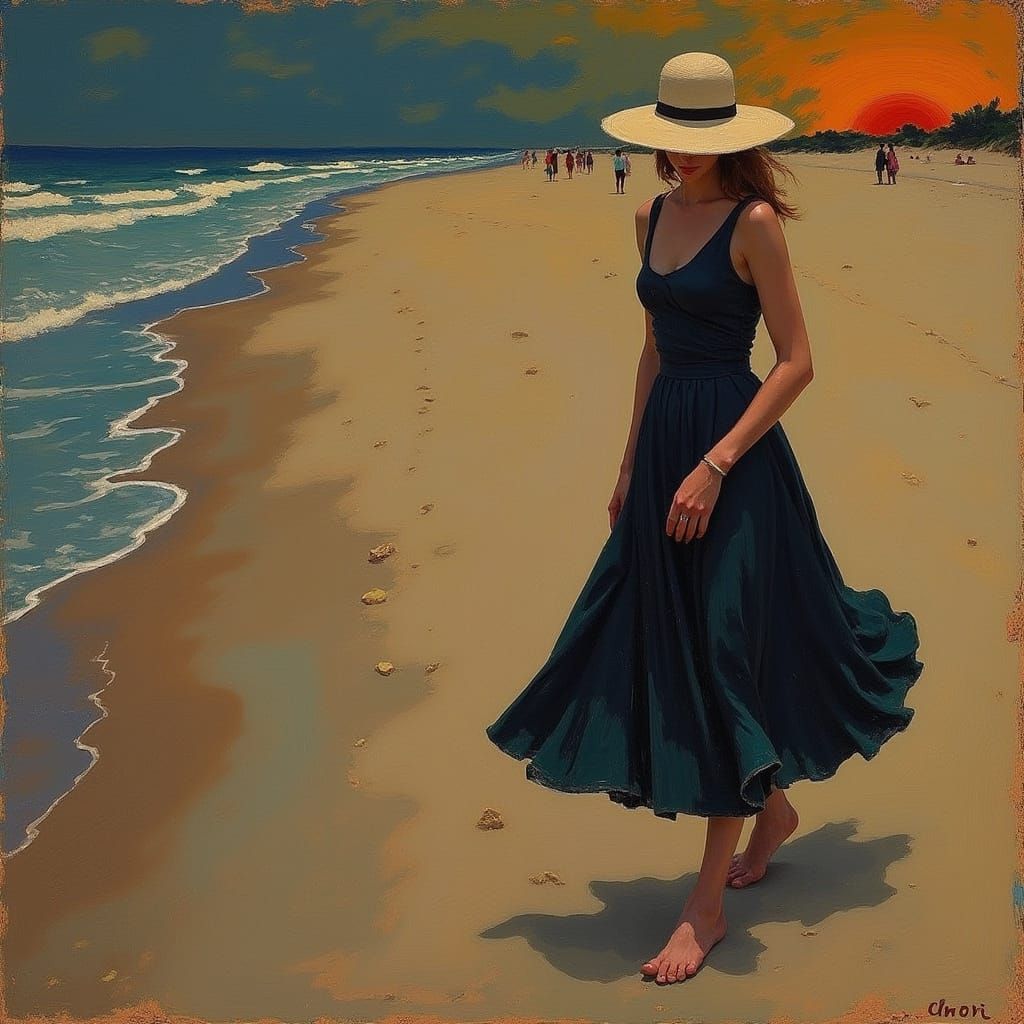 Woman Walking Barefoot on Beach at Sundown in Fauvist Style