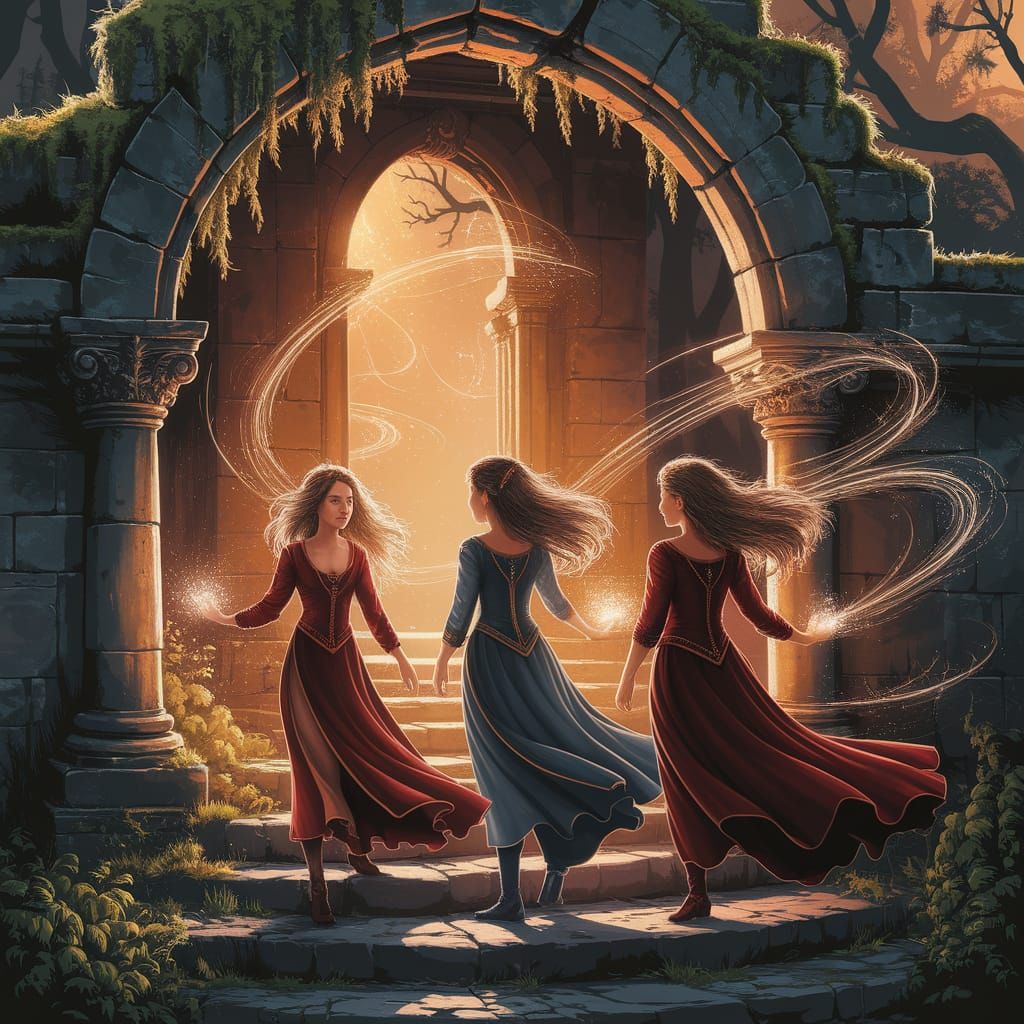 Three Sorceresses Under Stone Archway in Golden Light