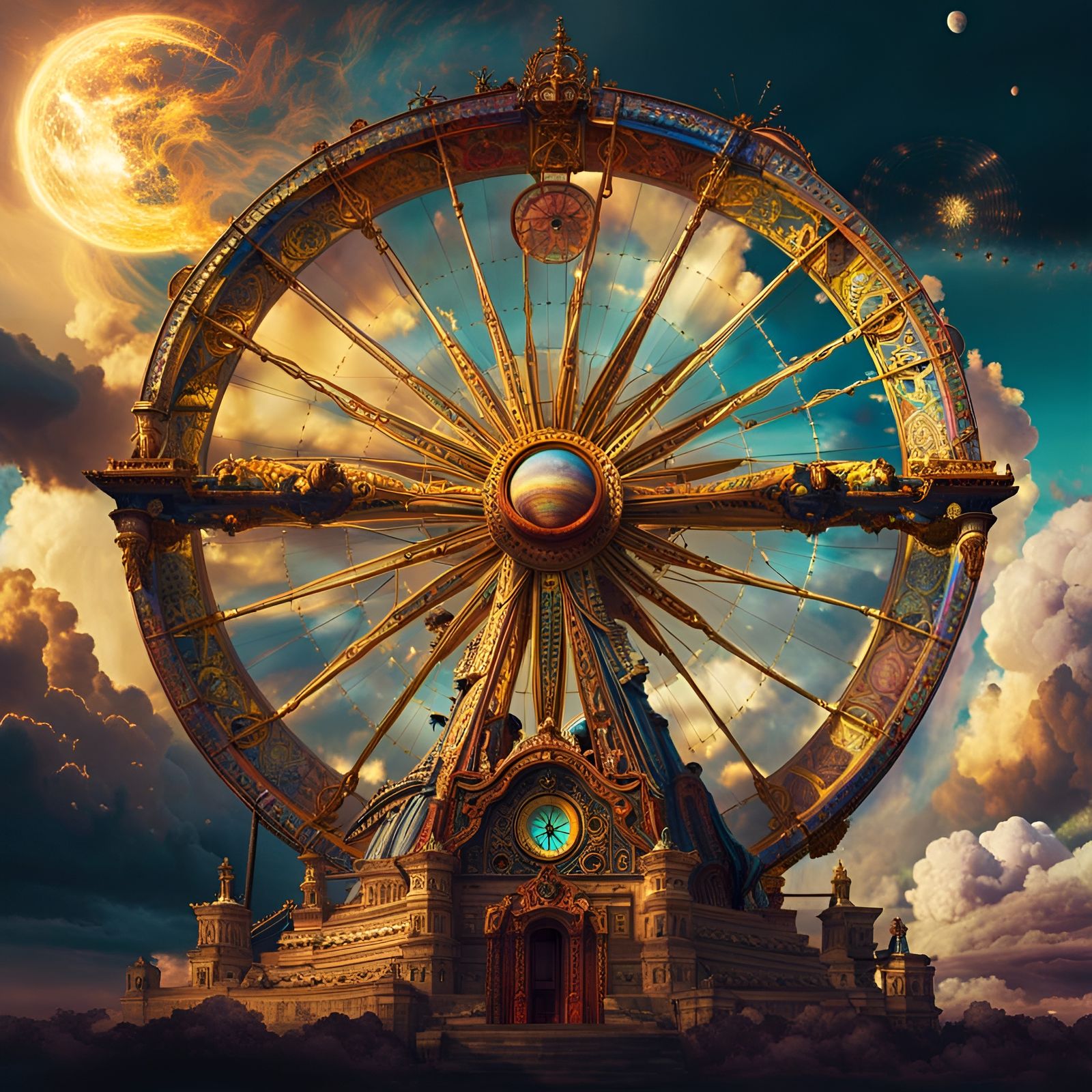 Celestial Wheel in Glitch Art with Esoteric Details