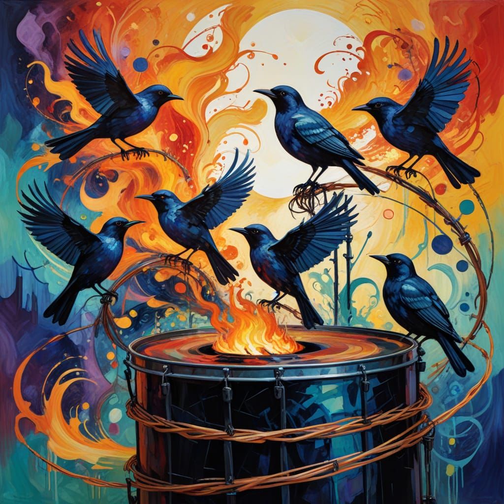 Surreal Birds Perched on Barbed Wire Fence Amidst Burning Dr...