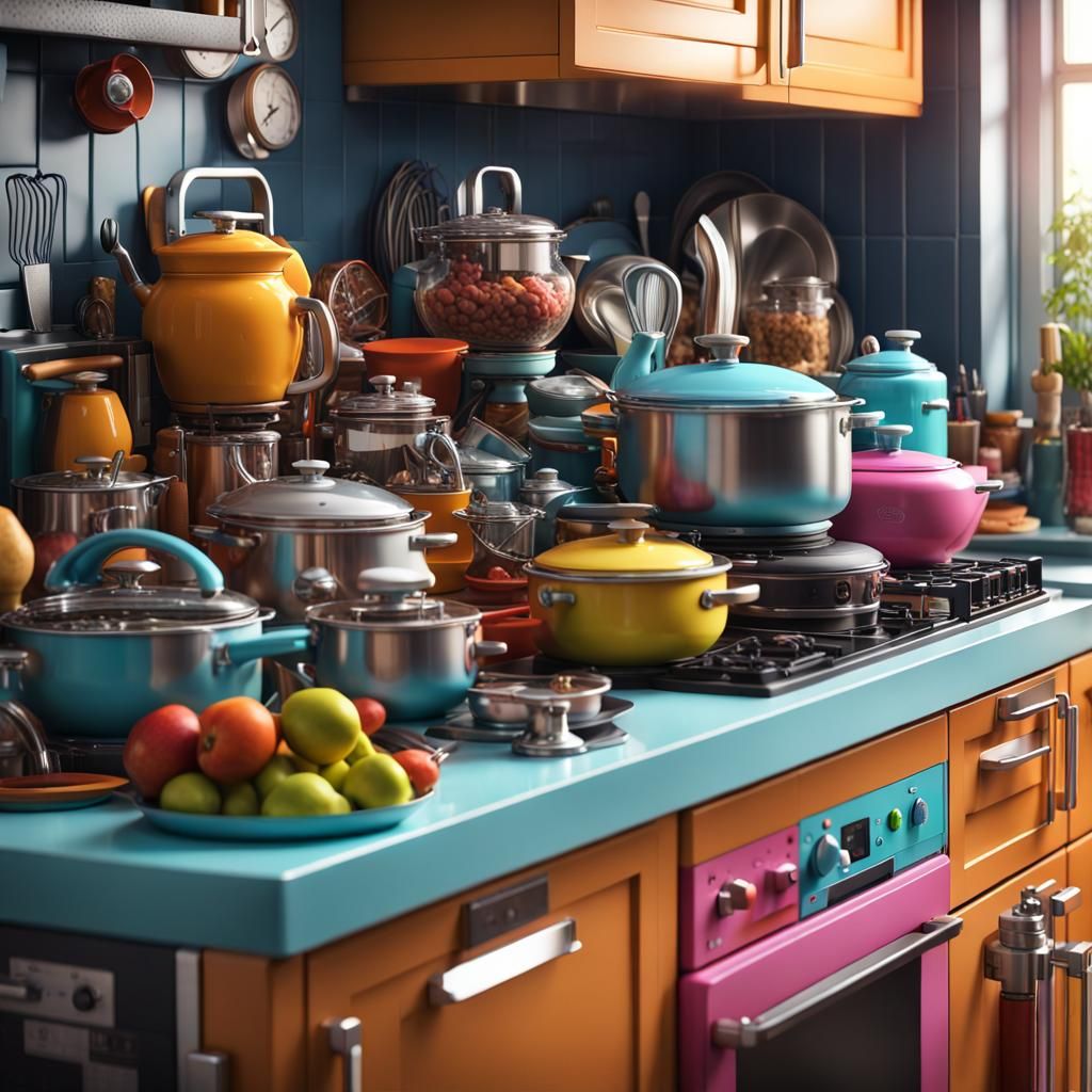 Maximalist Kitchen Gadgets in Detailed 3D Art