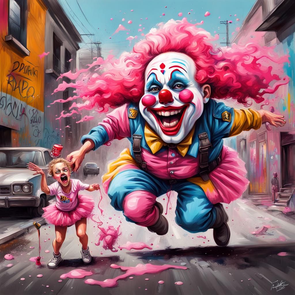 Police Chase Clown with Barbie Head: Graffiti Art