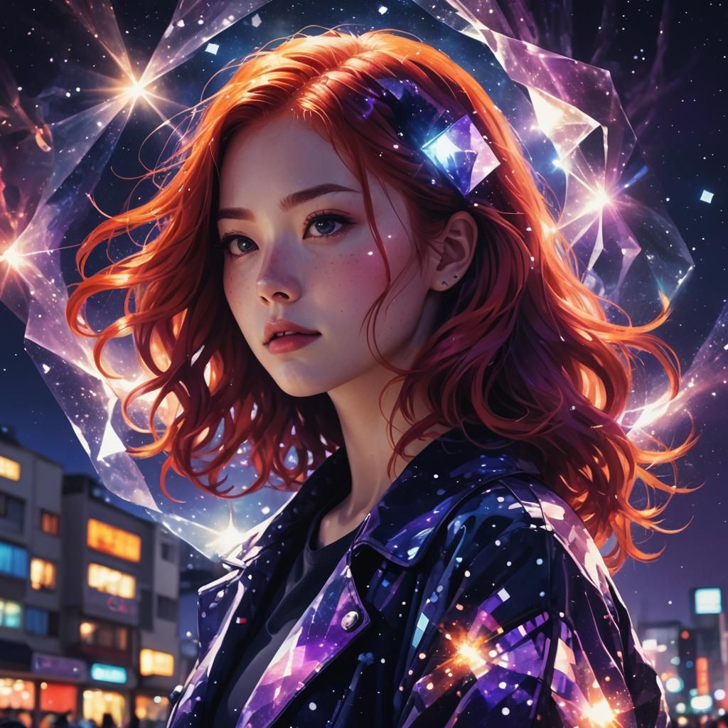 Red-Haired Girl at Nebula Night Digital Illustration