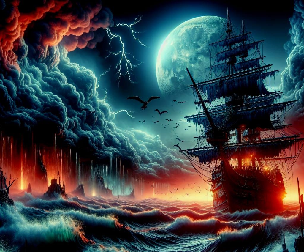 Sinister Pirate Galleon Sailing Under Blood Moon