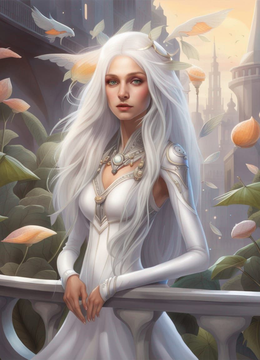 Beautiful Alien Woman Overlooks Organic City