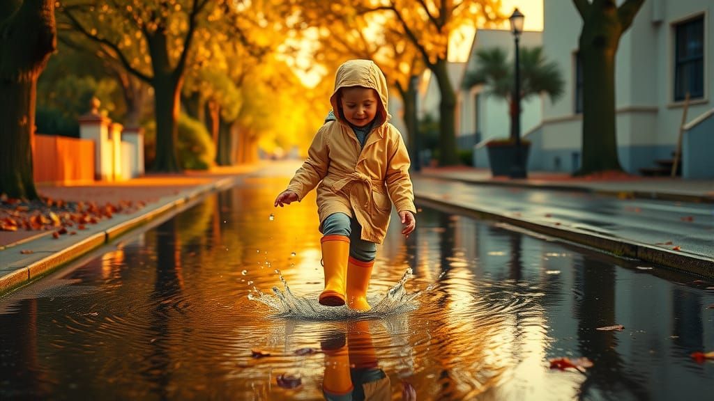 Childhood Joy: Impressionistic Rain Scene in Golden Light