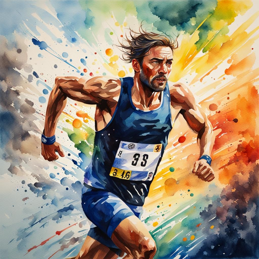 Hyperrealistic Watercolour Runner in a Race