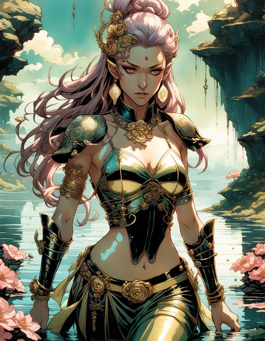 anime video game by Katsuya Terada, Mark Brooks, Elf princes in a lake, bare midriff, toned skin, dark hair with neon hi...