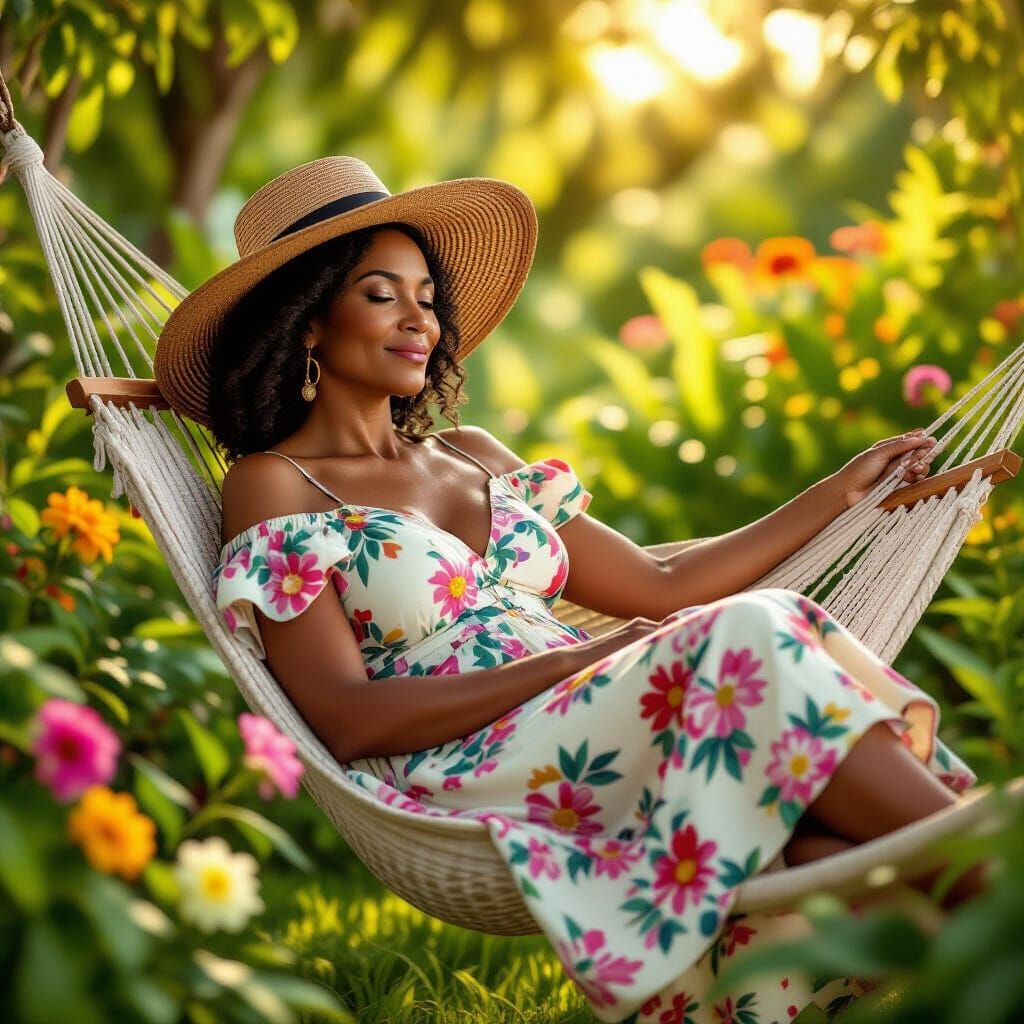 Woman Relaxing in Hammock in Lush Backyard Oasis