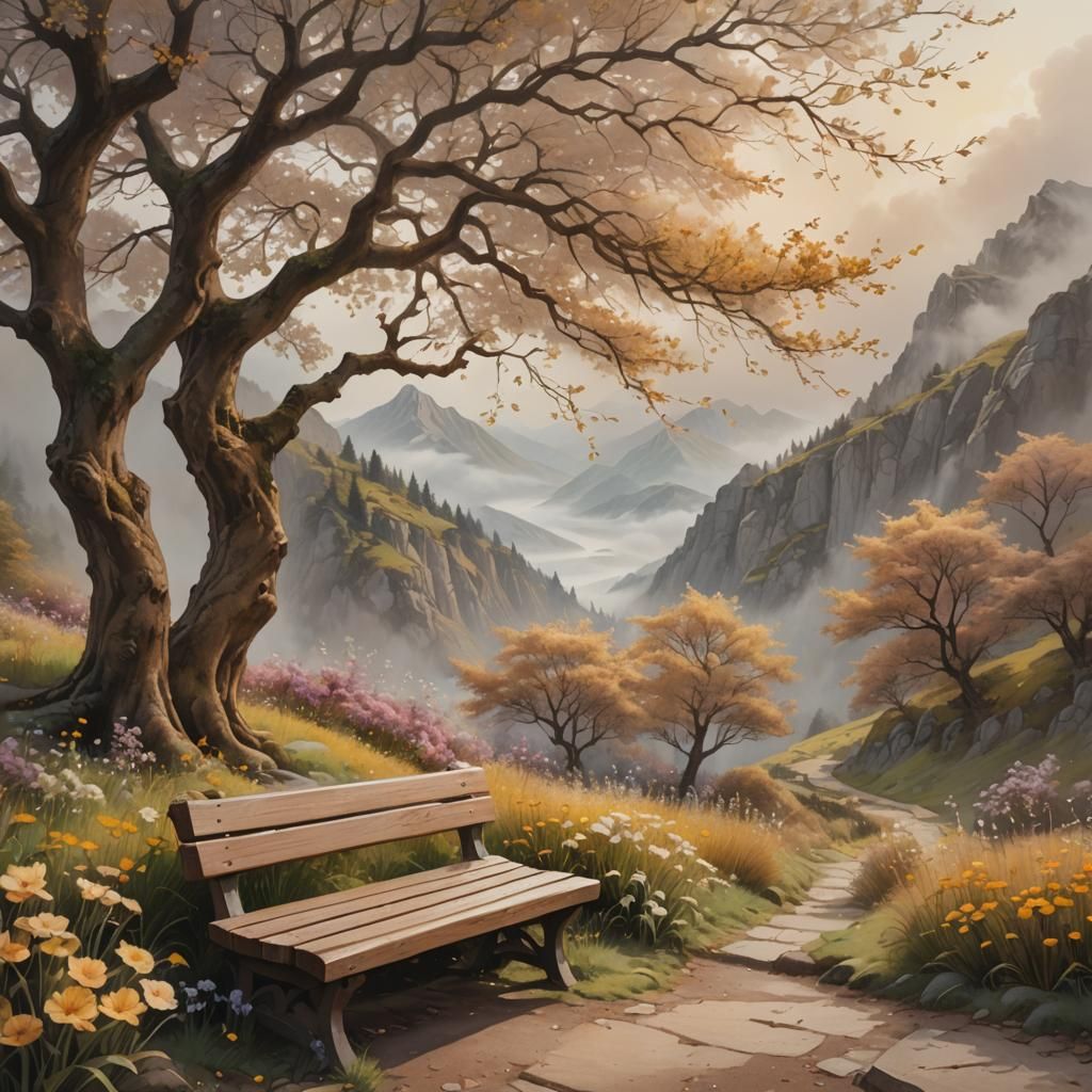 Ethereal Bench Under Tree Along Mountain Path