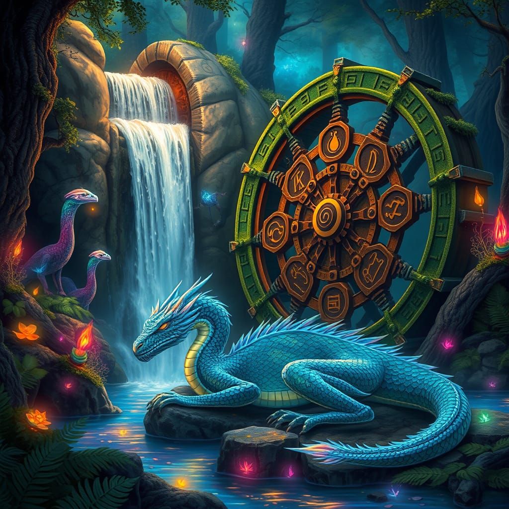 Dreamlike Bioluminescent Dragon in Waterwheel Haven