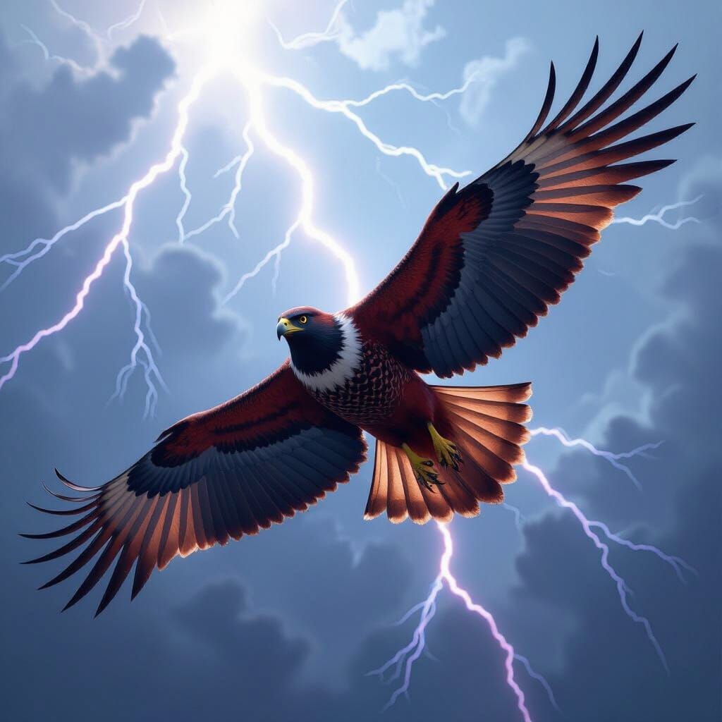 Red and Black Hawk Soaring Through Lightning Storm