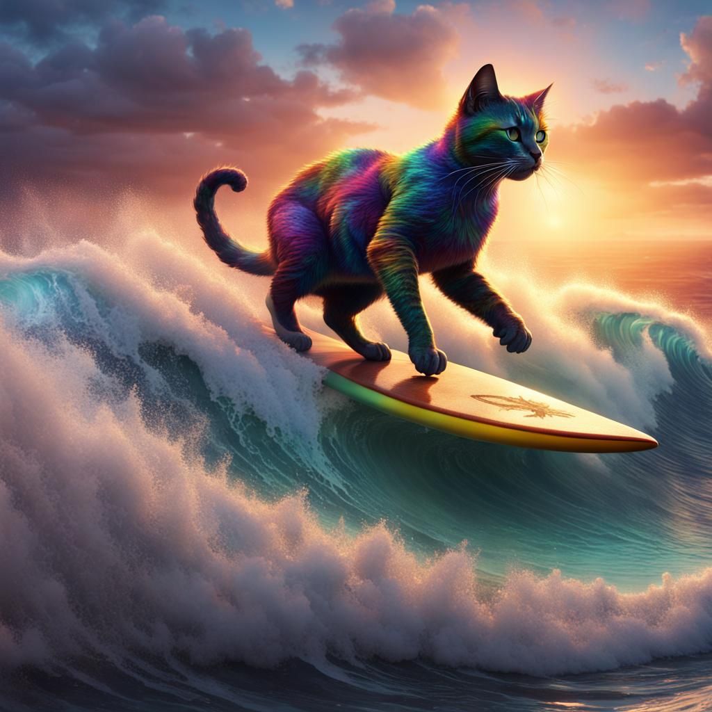Cat Surfing Tsunami Wave at Sunset