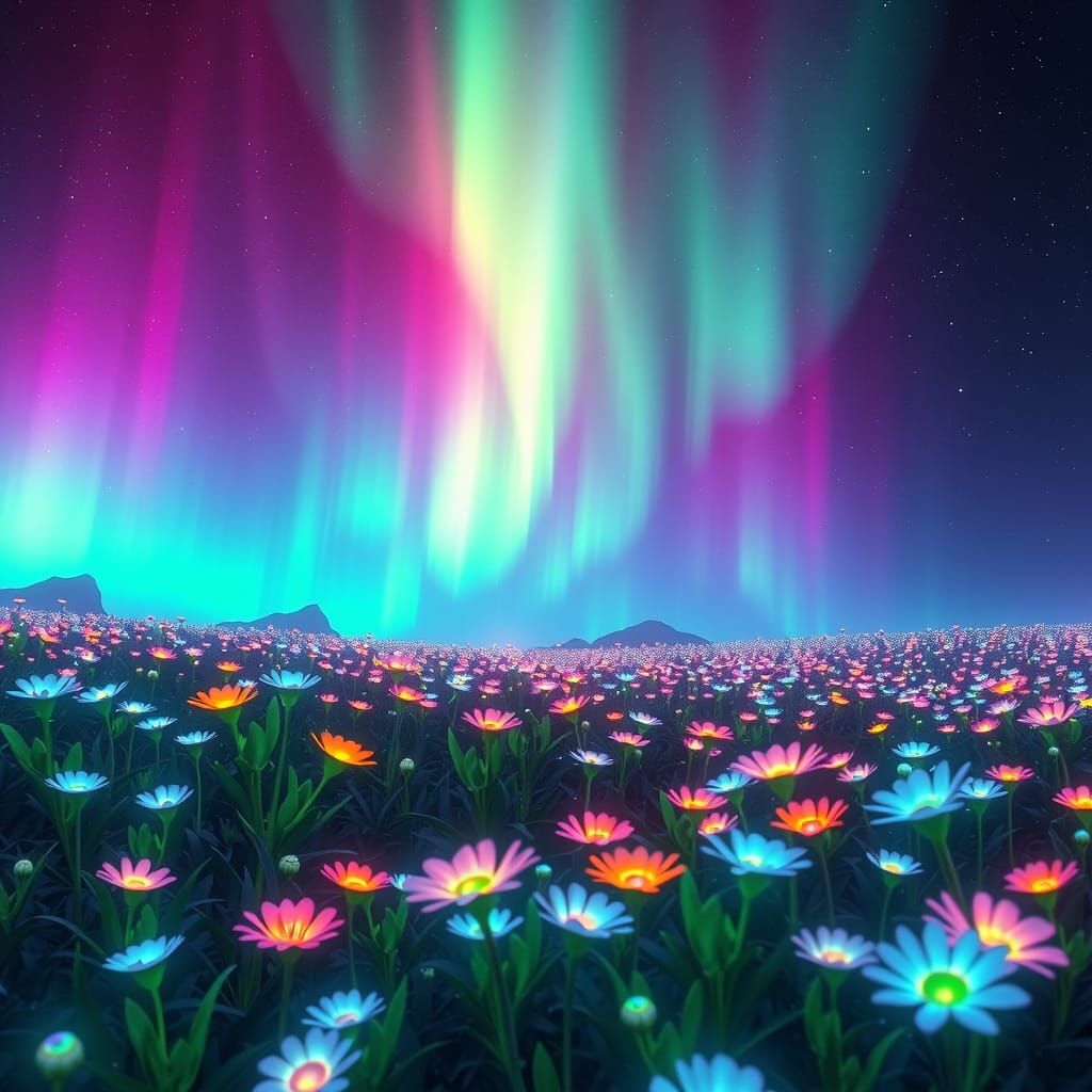 Bioluminescent Meadow Under Neon Aurora: Fantasy Concept Art