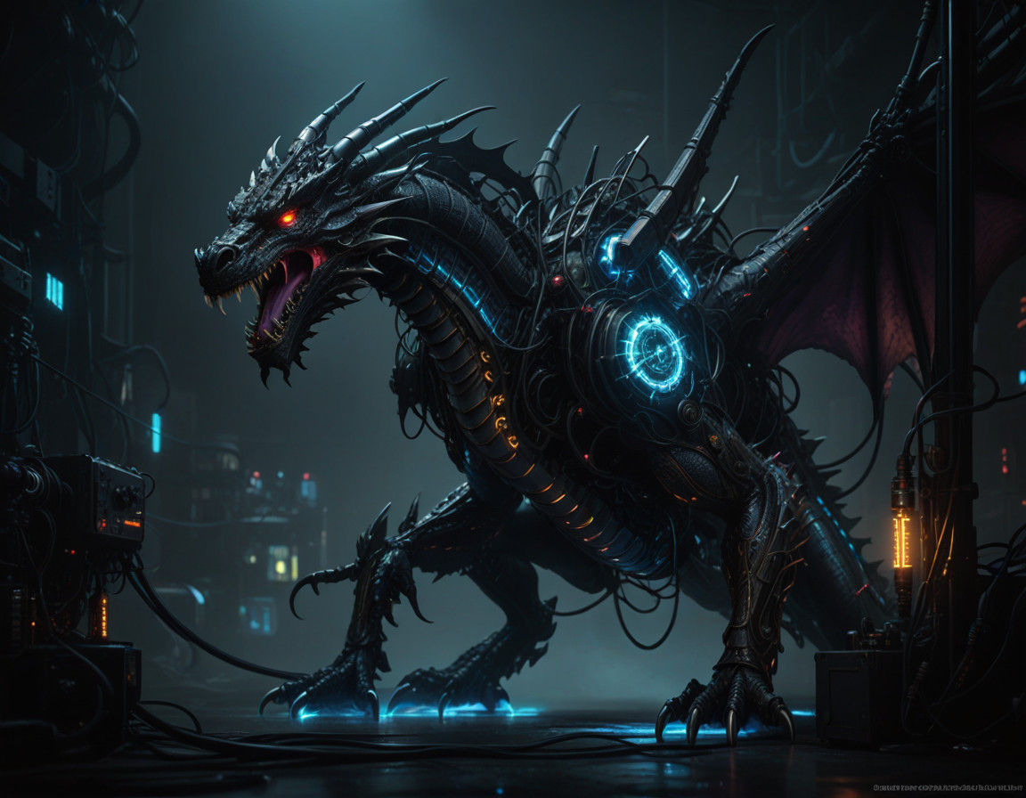 Cyberpunk Dragon in Dark, Gritty Landscape