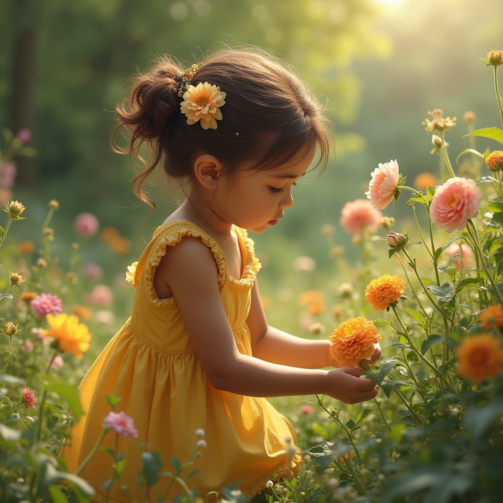 Child Picking Flowers in Garden, Hyperrealistic Portrait