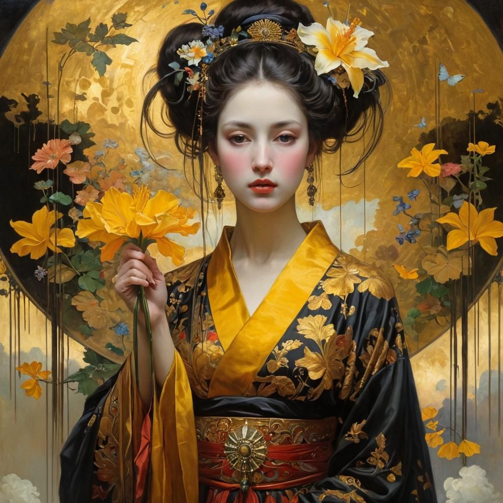 Geisha in Iridescent Kimono with Lilies
