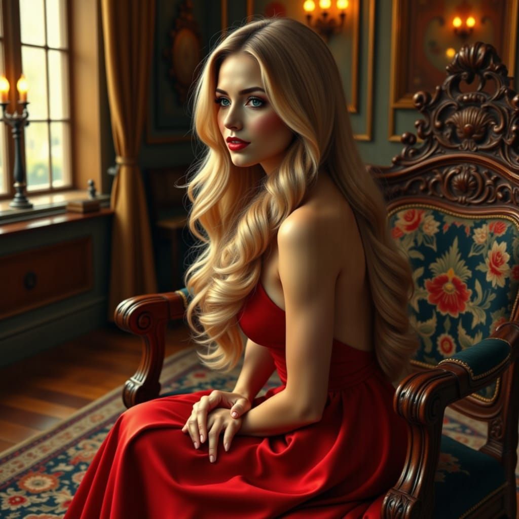 Elegant Woman in Red Gown on Victorian Chair