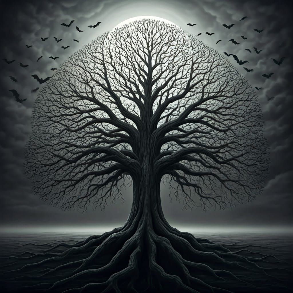 Haunting Tree with Bats in Charcoal Style