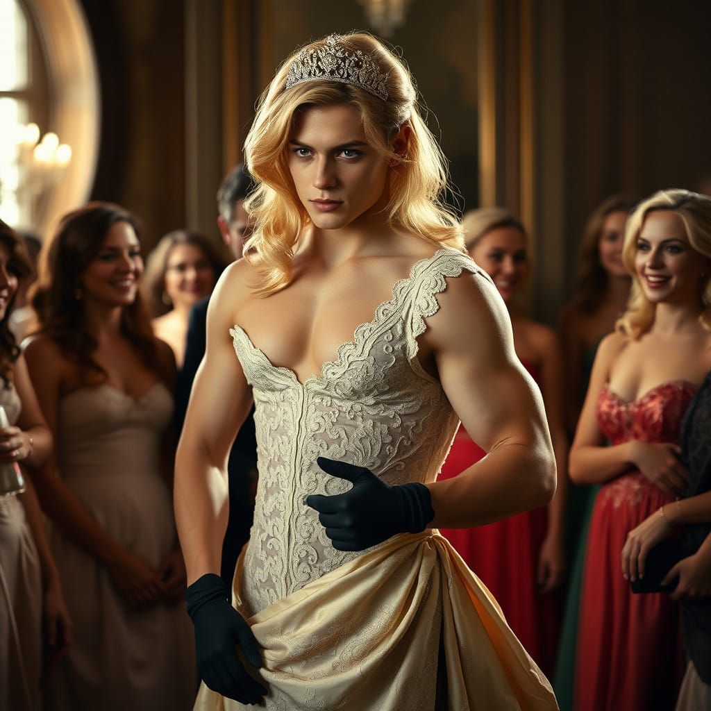 Elegant Regency Gentleman in Delicate Lace Gown