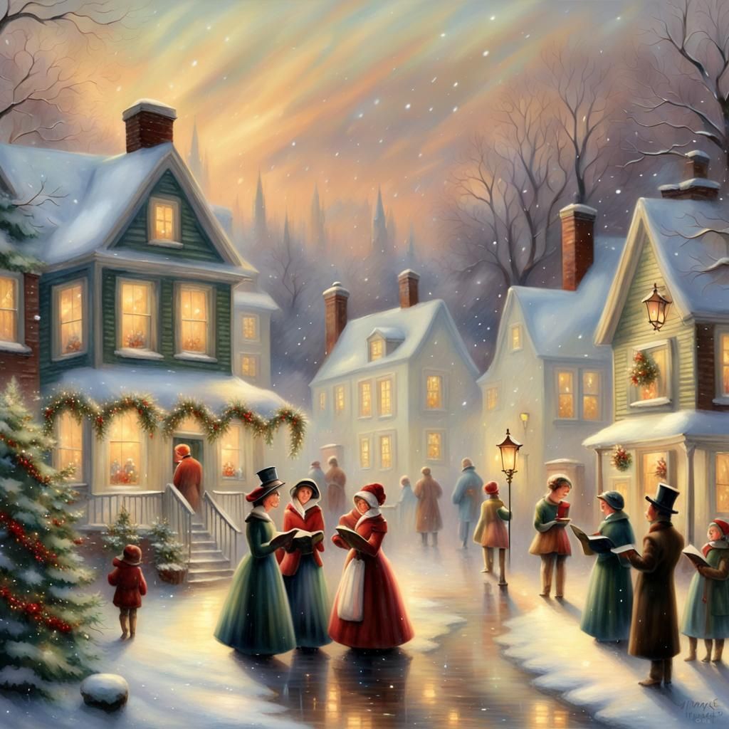 Vintage Christmas Carolers in Snowy Village Scene