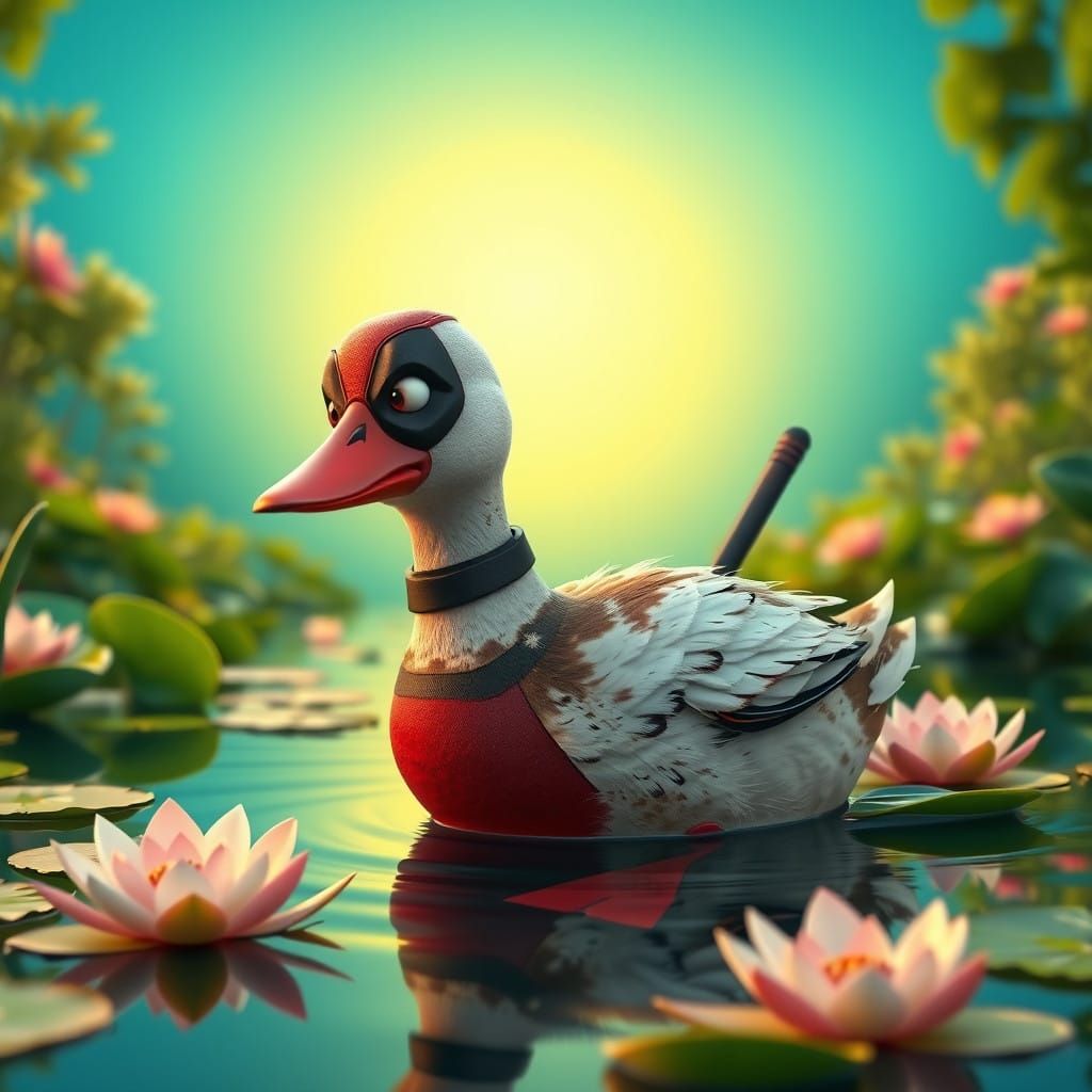 Deadpool as a Duck in a Lush Pond Scene