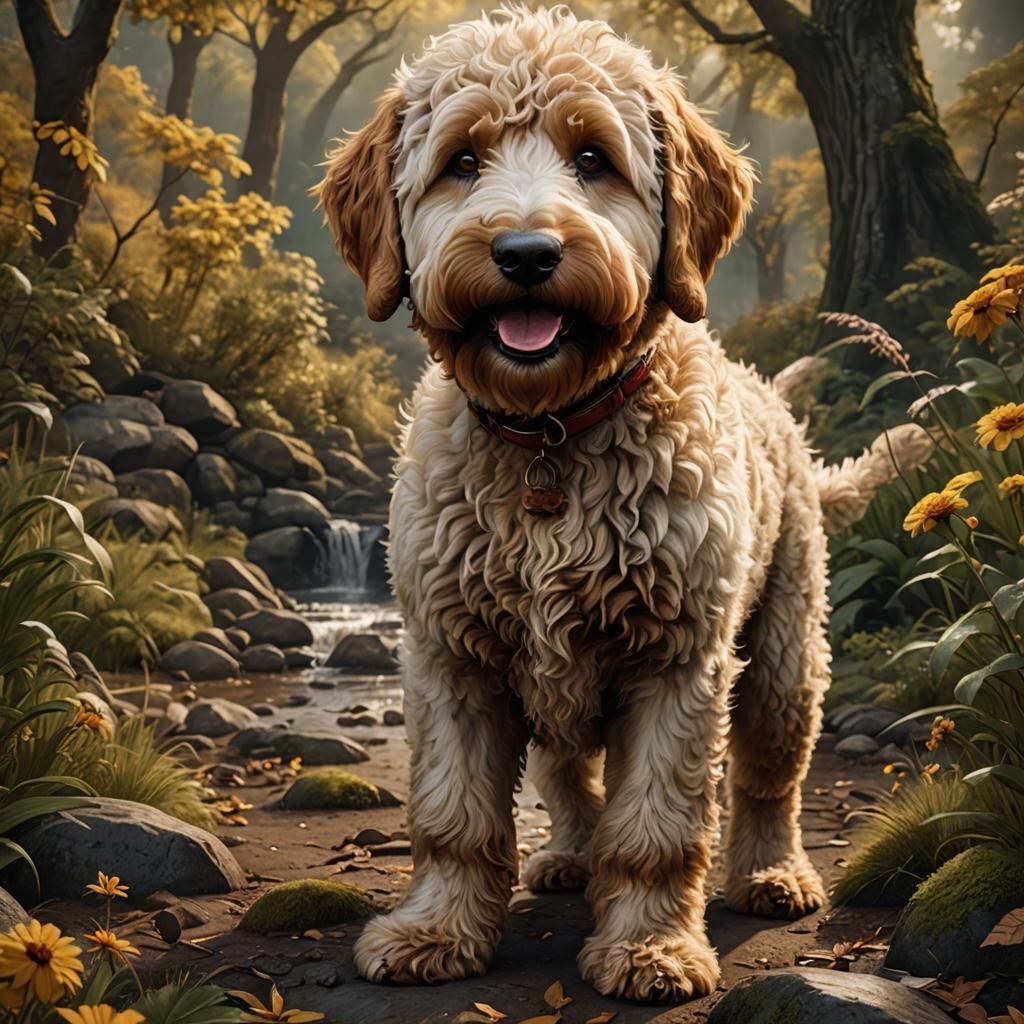 Majestic Golden Doodle Dog Portrait in Detailed Digital Art