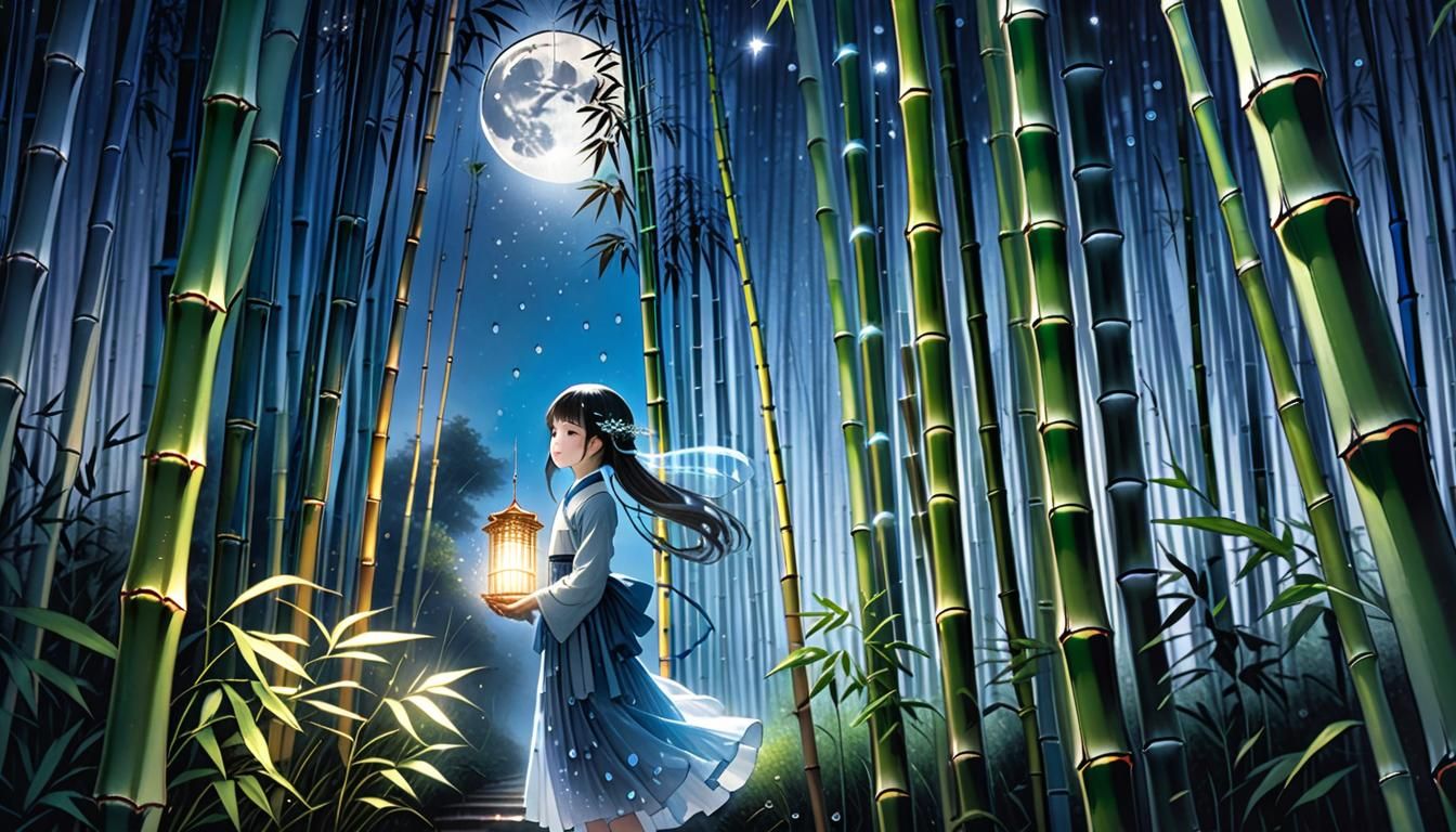 Moonlit Bamboo Forest Charcoal Etching with Pixie Dancers