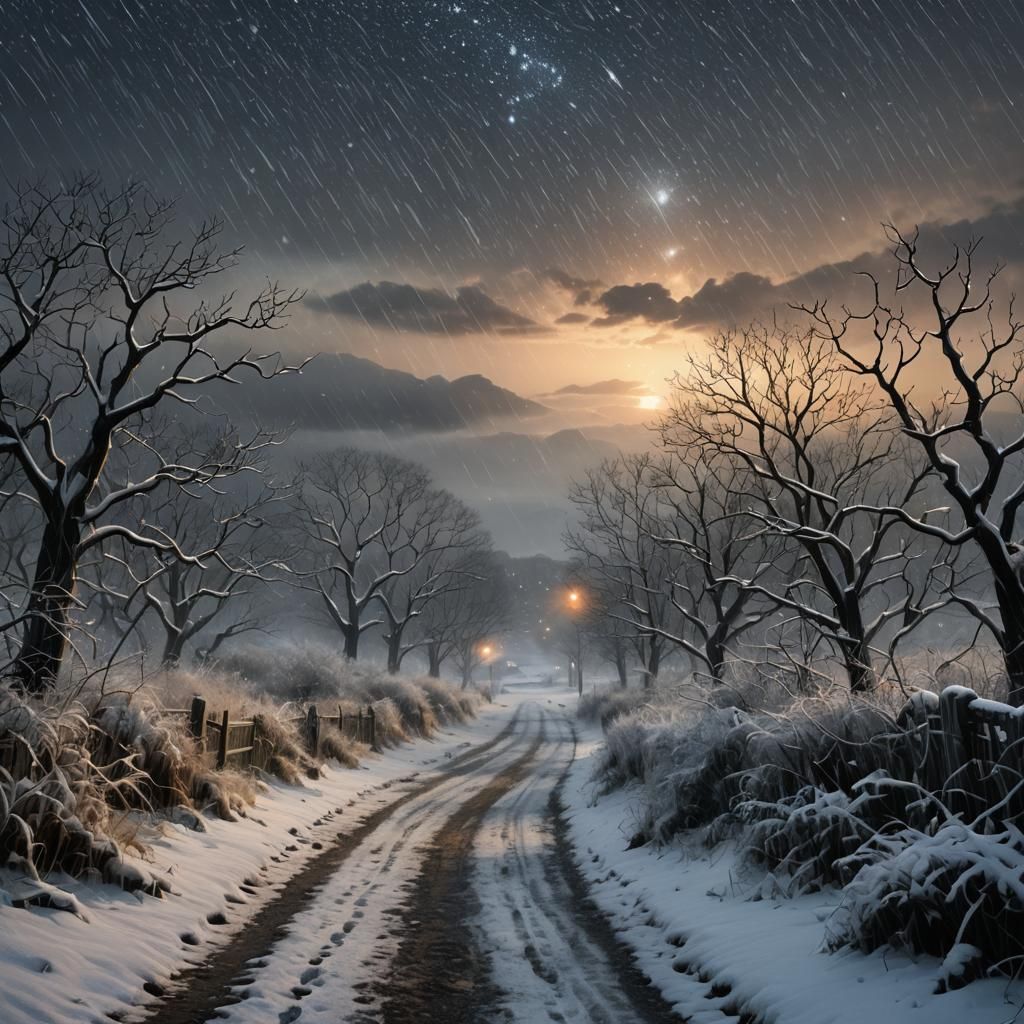 Winter Field Matte Painting Under Starry Sky