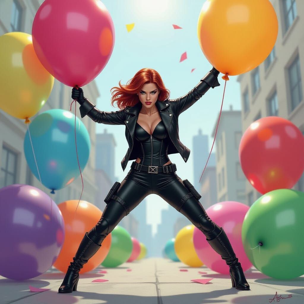 Black Widow and Giant Party Balloons in Pop Surrealism