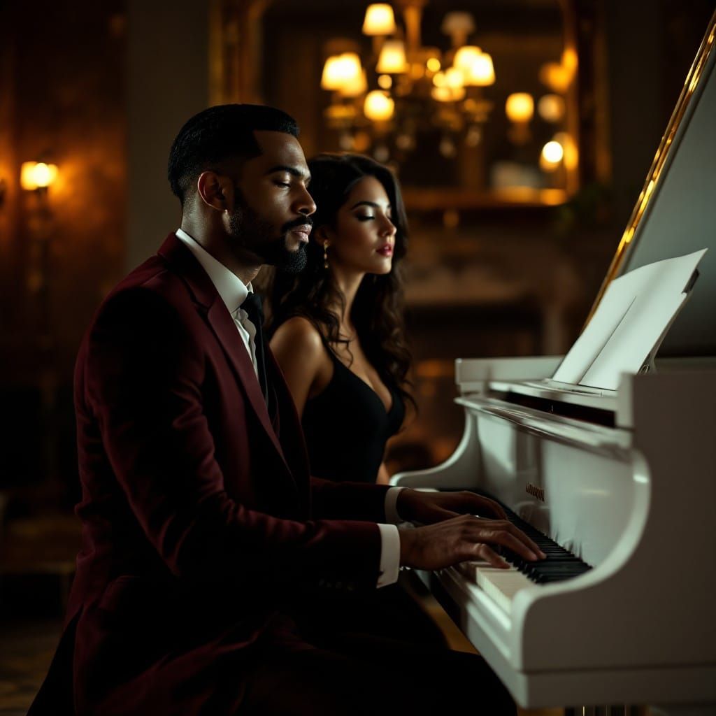 Elegant Man Playing Piano in Dimly Lit Den