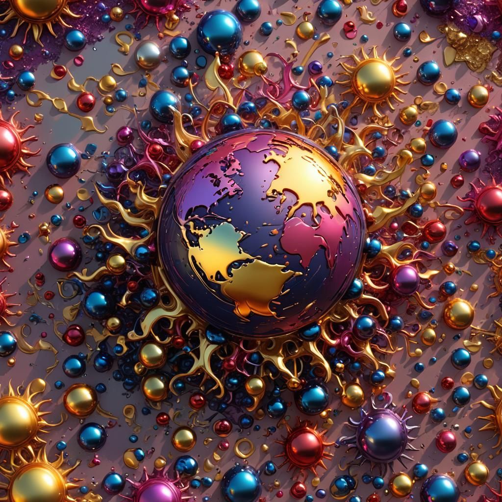 Metallic Sun and Earth in Vibrant Colors
