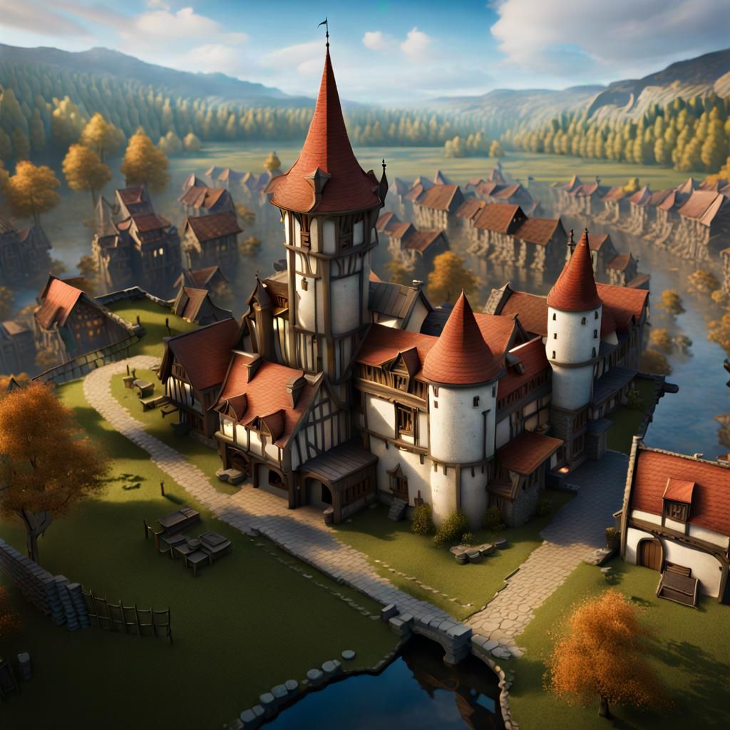 Bustling Medieval Town with Mage Tower in Unreal Engine