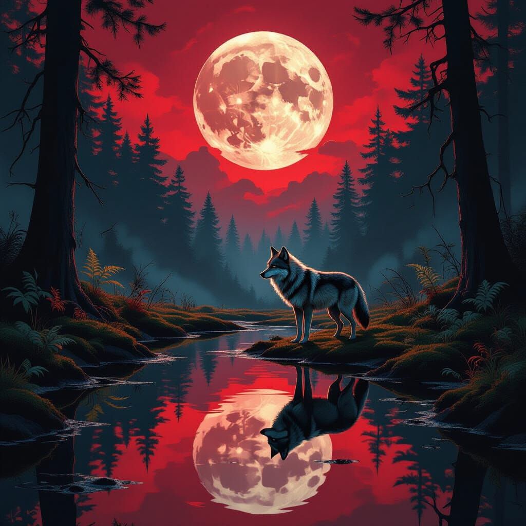 Mystical Forest: Wolf Reflected in Dreamcore Style