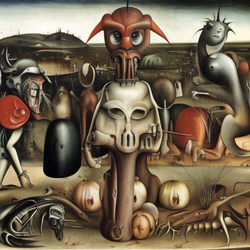 Surreal Monster Landscape Inspired by Giger, Bosch, Arcimbol...