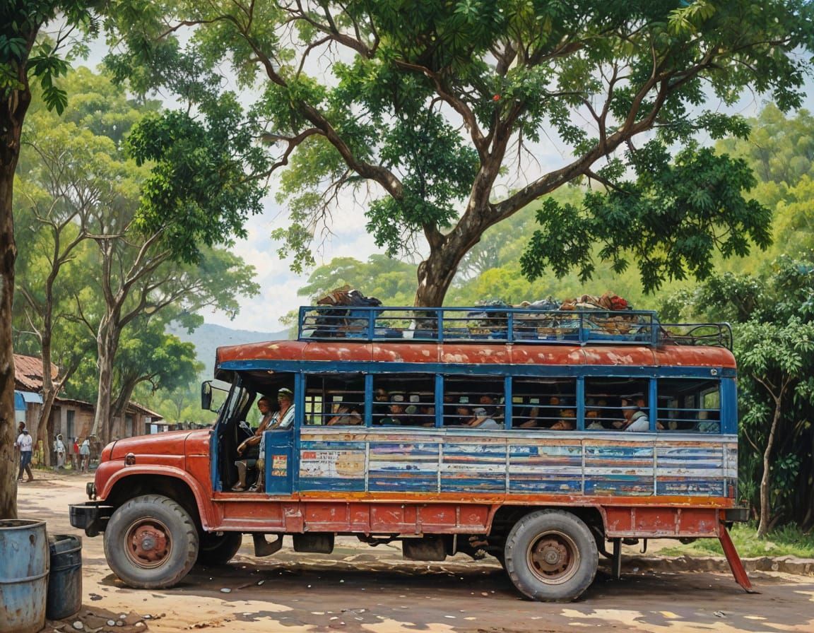 Colombian Countryside Bus in Impressionist Oil Painting