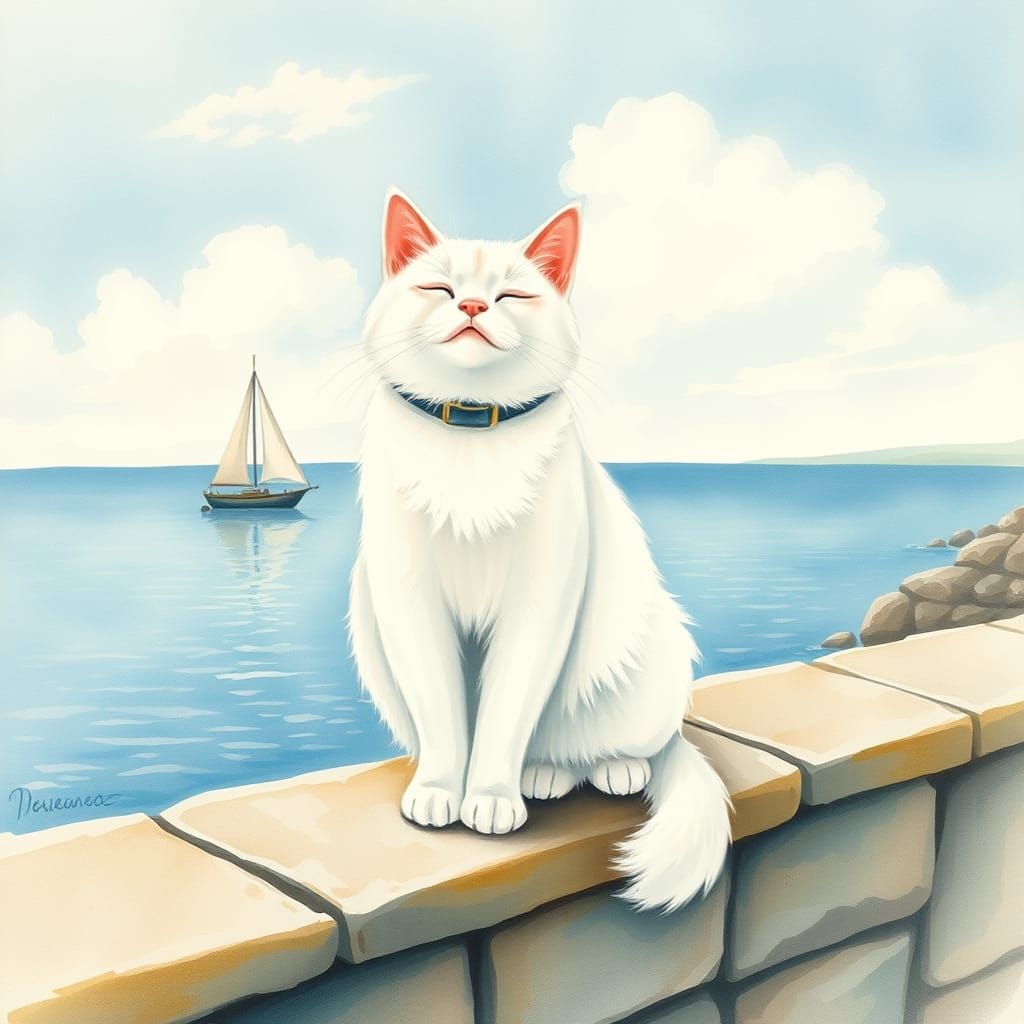 Relaxing White Cat by the Water