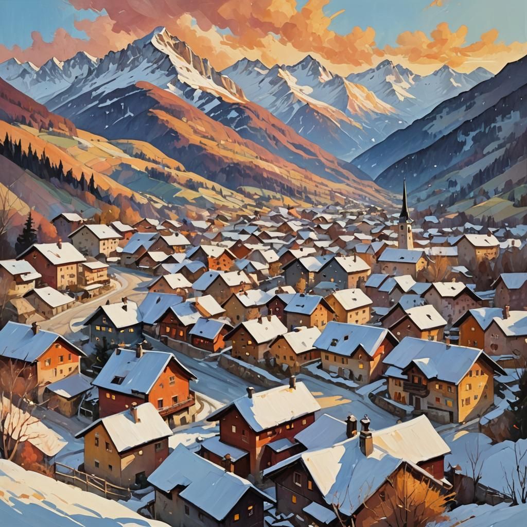 Impressionist Gouache Landscape of Alpine Village at Sunset
