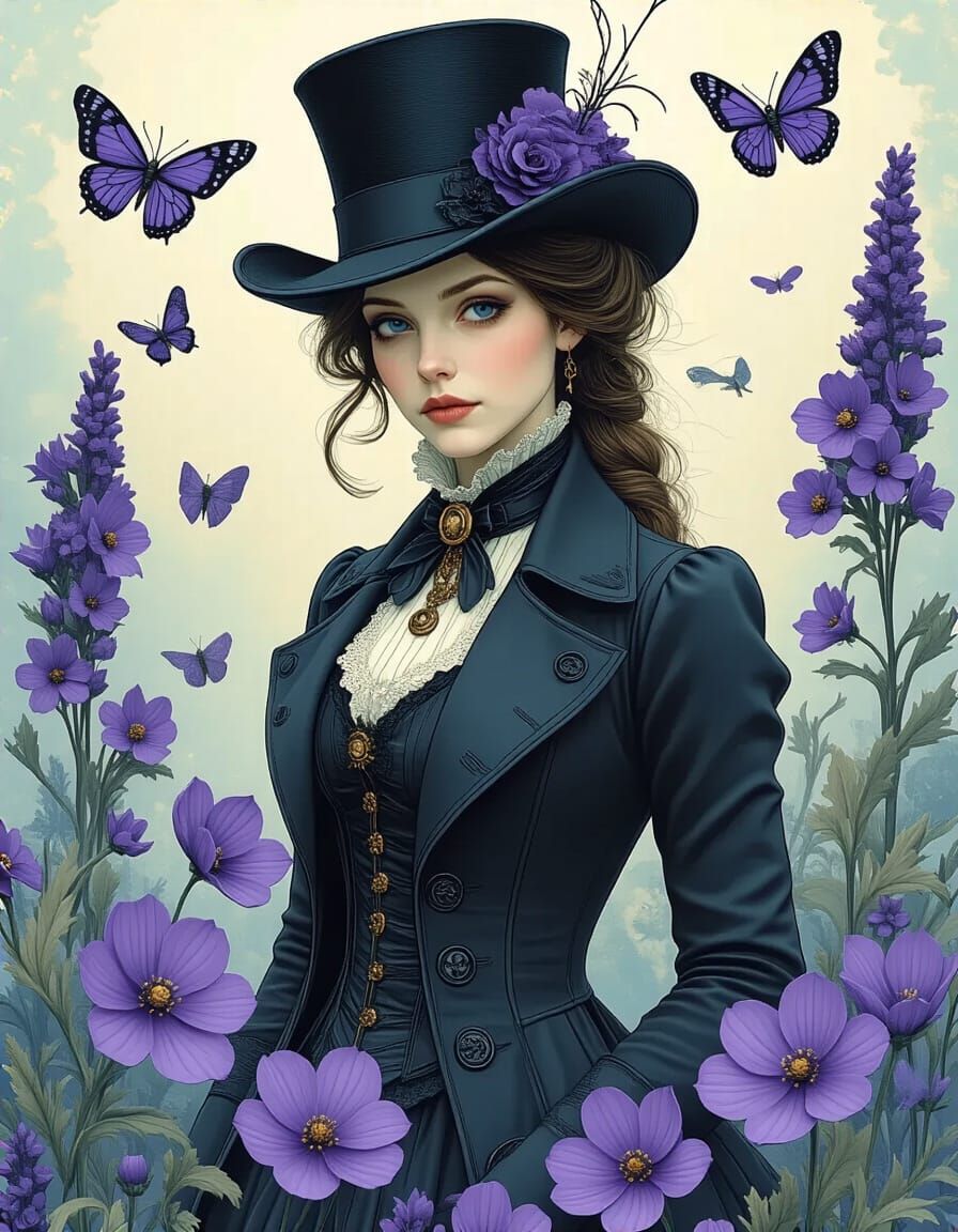 Steampunk Woman with Violet Flowers in Aquarell Style