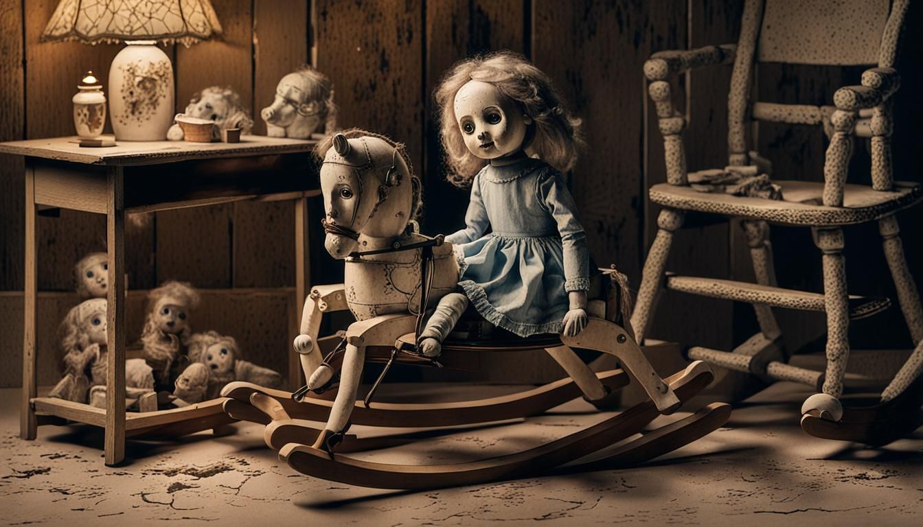 Eerie Doll in Dim Room, Ink and Watercolor