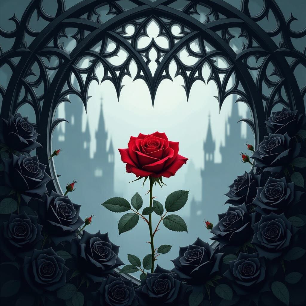 Single Red Rose Amidst Black Roses in Gothic Style
