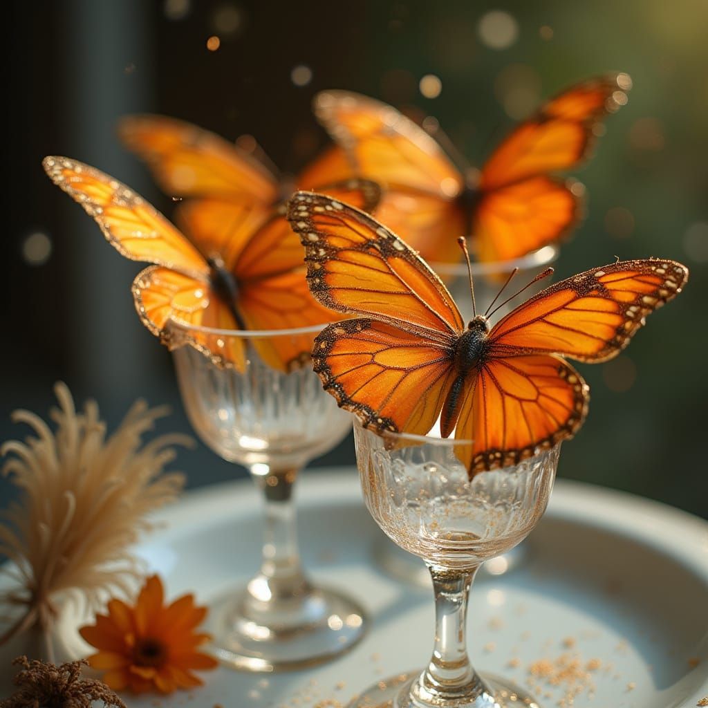 Orange Butterflies with Gold Pearls in Glass Cups