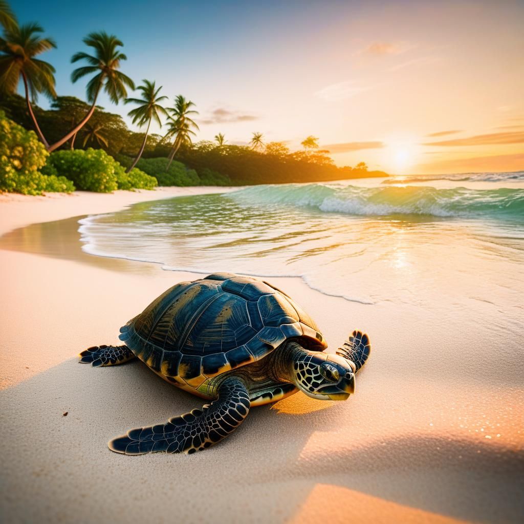 Serene Turtle on Tropical Beach at Sunset