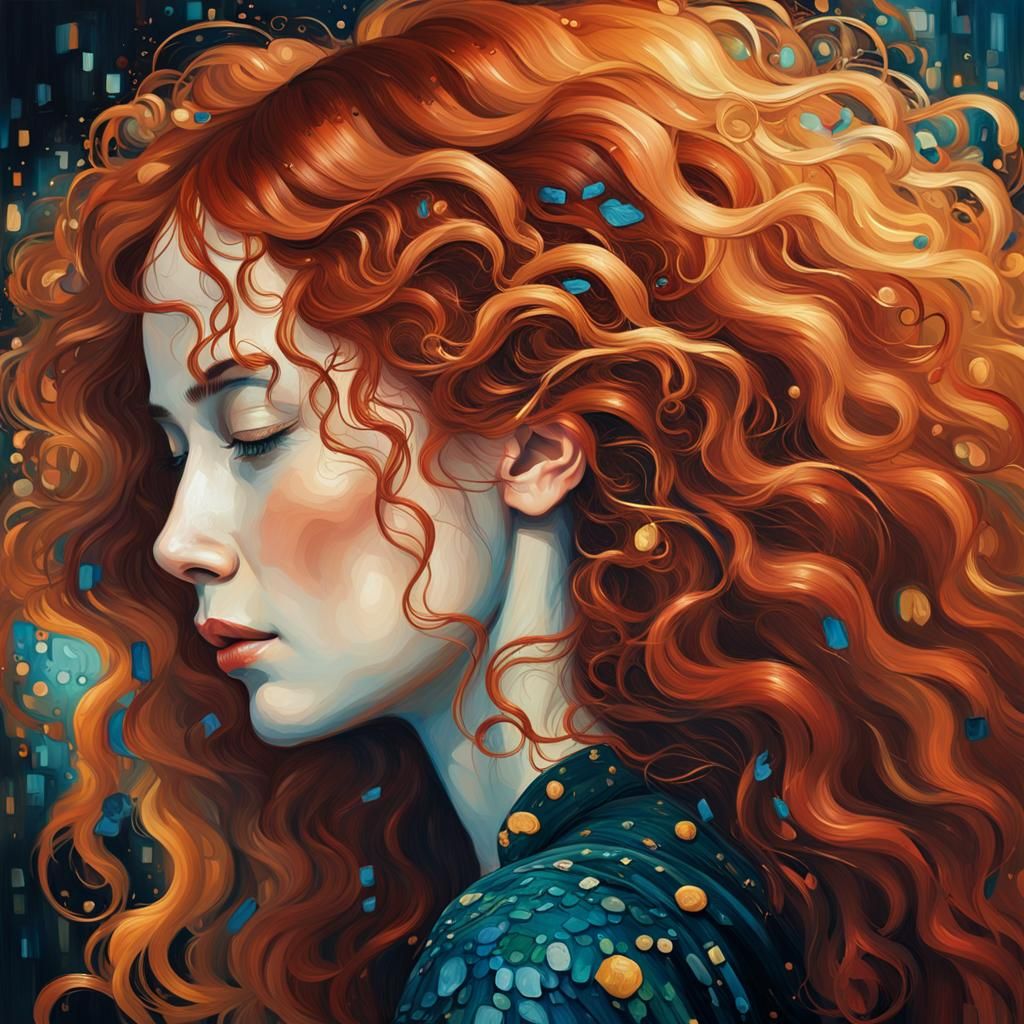 Woman with Luminous Red Hair in Klimt Style