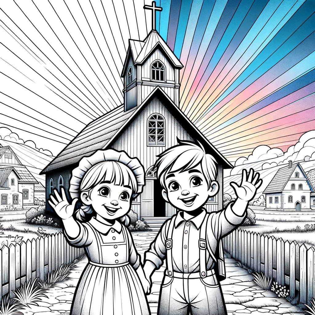 Smiling Children Waving at Church in Coloring Book Style