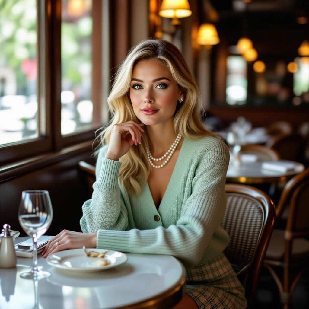 Elegant Woman Enjoys Lunch in Softly Lit Restaurant
