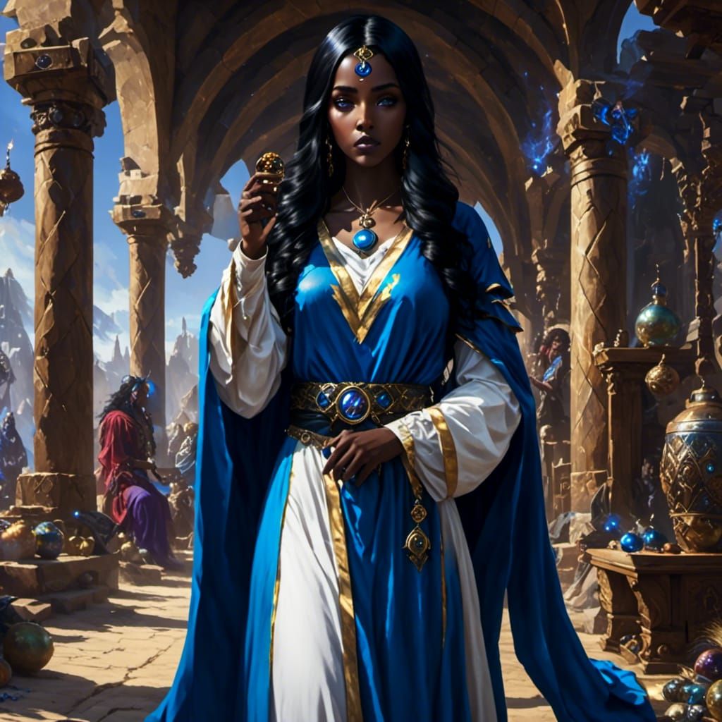 Beautiful Sorceress with Black Hair and Blue Eyes