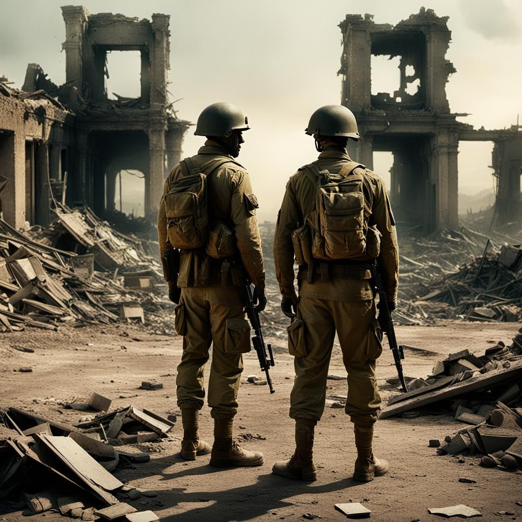 Worn Soldiers in War-Torn Landscape, Cinematic Still