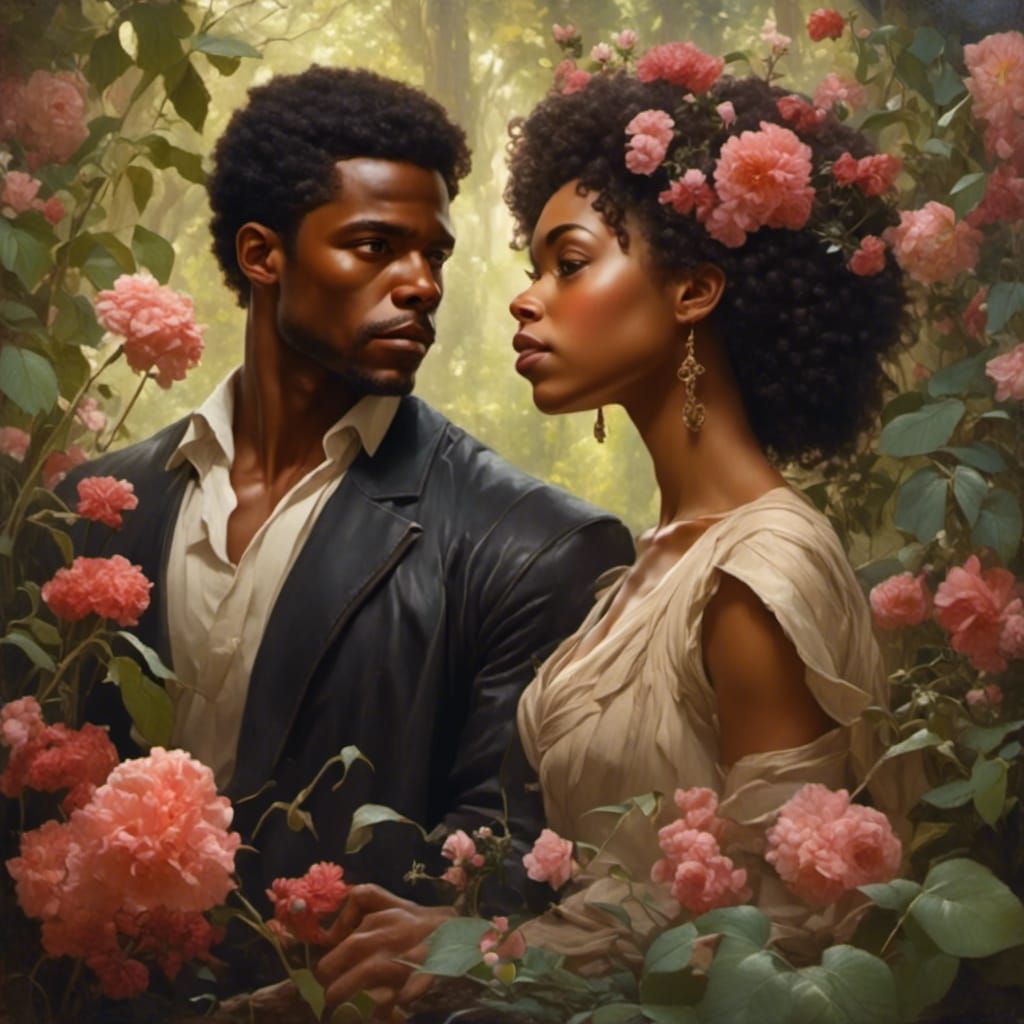 Romantic Black Couple with Flowers in Painterly Style